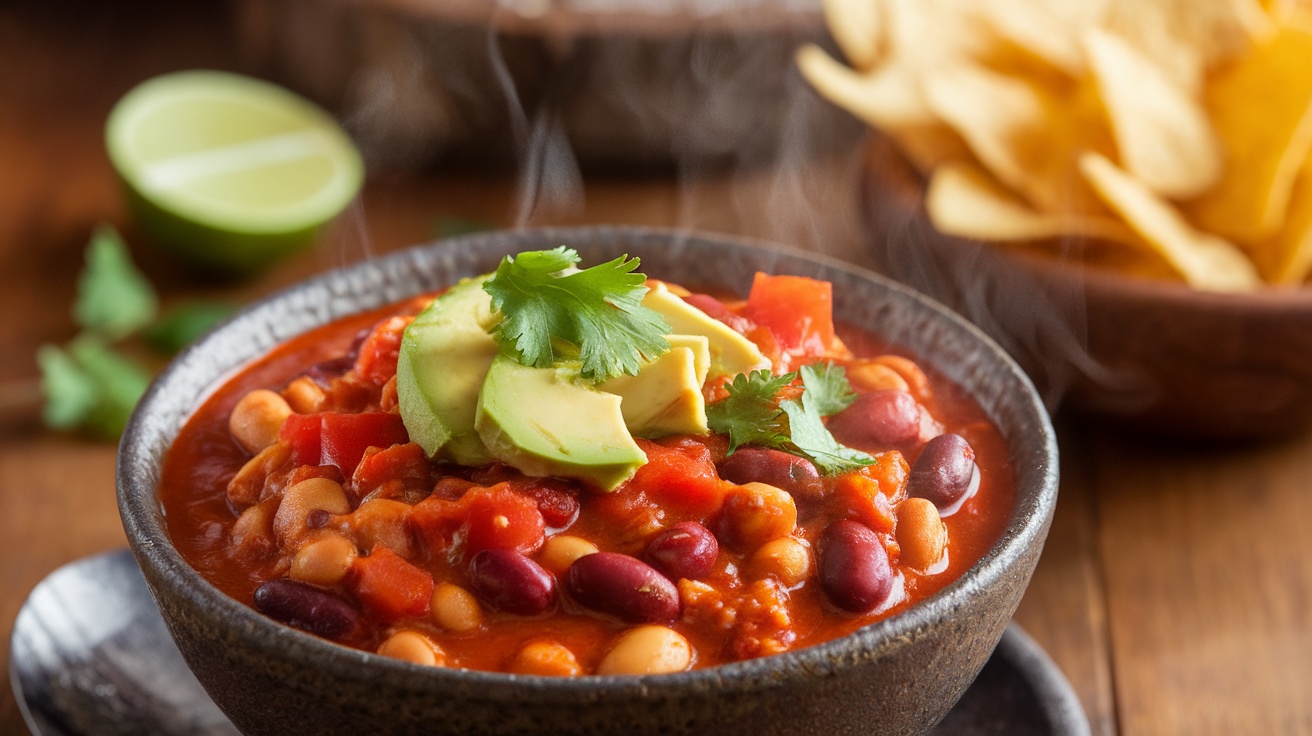 A steaming bowl of vegetarian chili with beans and tomatoes, garnished with avocado and cilantro, on a rustic table.